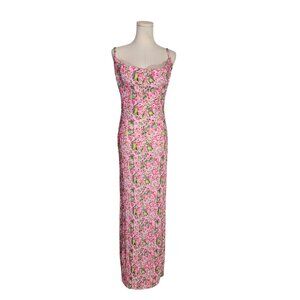 PrettyLittleThing Pink Abstract Floral Printed Plisse Strappy Maxi Dress US 8